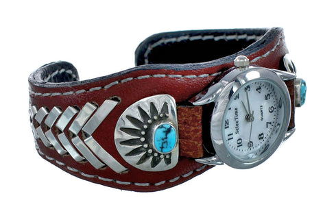 Genuine Navajo Turquoise Sterling Silver Leather Cuff Watch NN20306